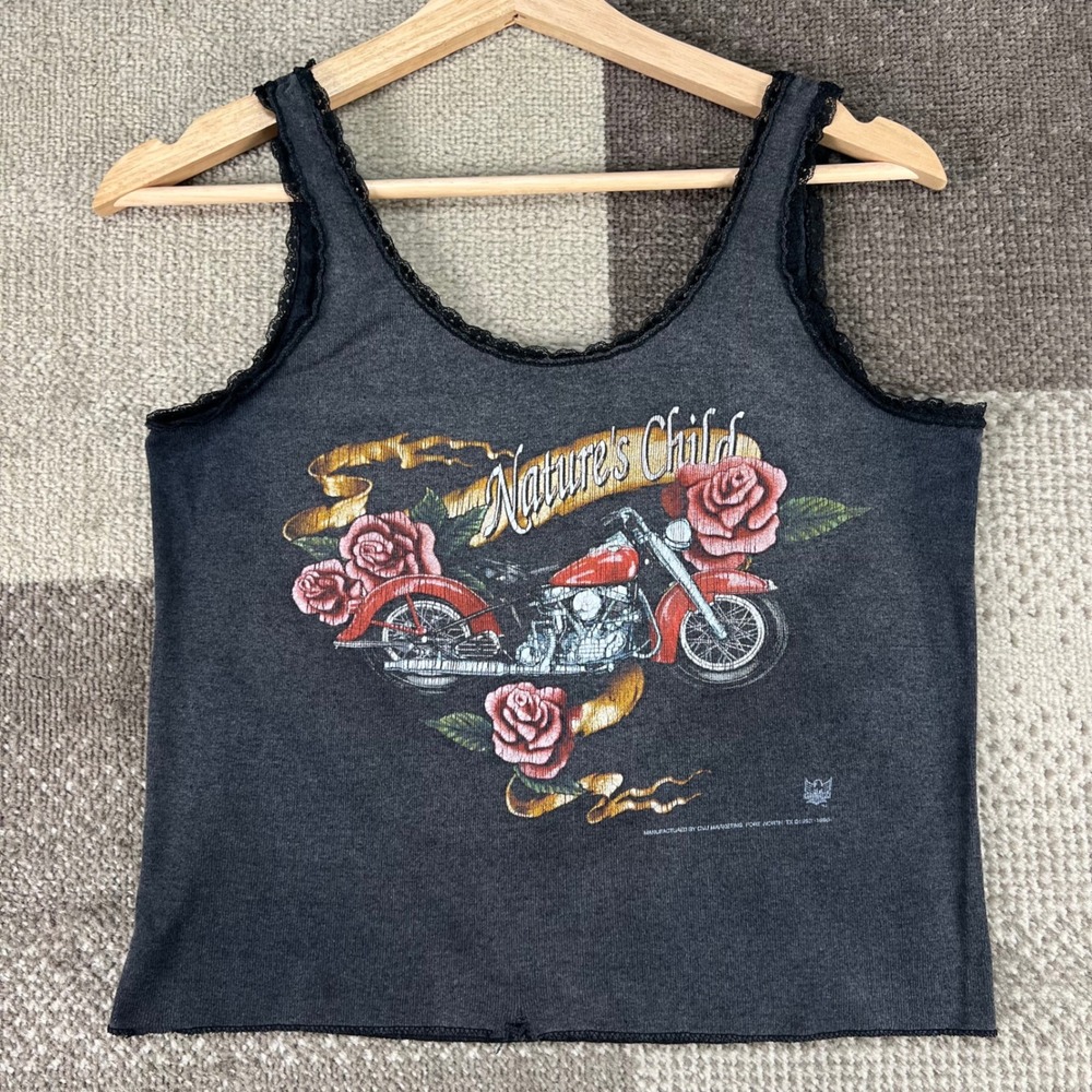 Vintage 3D Emblem Natures Lace Trim Tank Top Gray Daytona Bike Week 96 Womens M